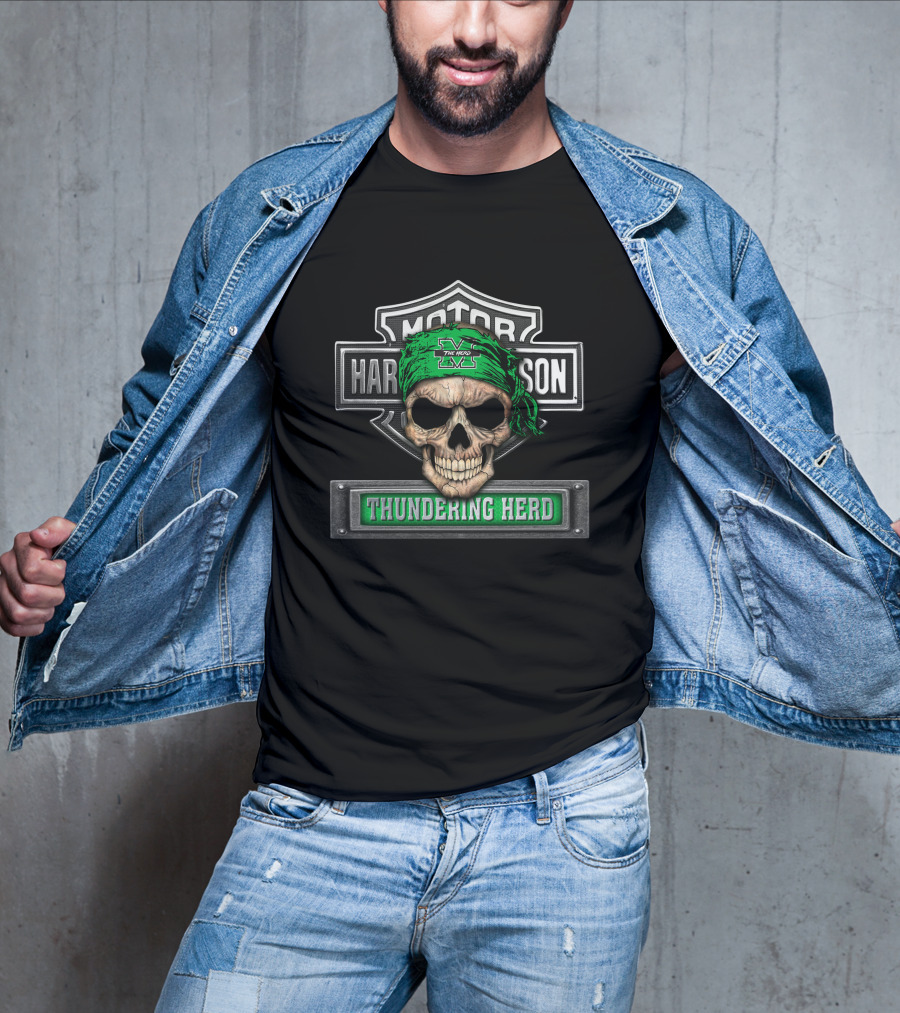 Marshall Thundering Herd Skull Harley Davidson Style Banner T-Shirt