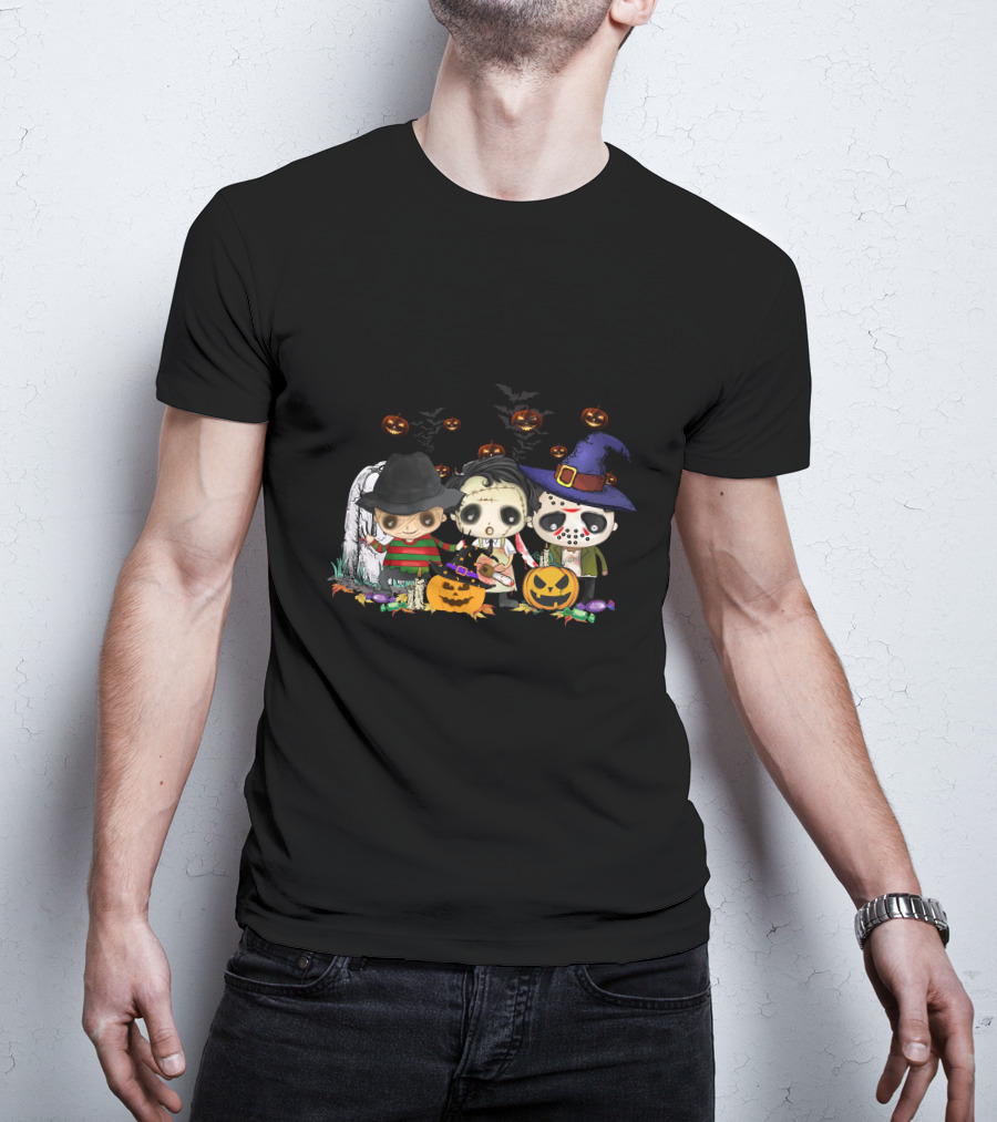 Halloween Horror Icons Trio With Jack-O'-Lanterns And Candy T-Shirt