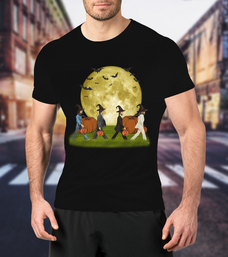 Abbey Road Halloween Crossing With Pumpkins And Witches Under Full Moon T-Shirt
