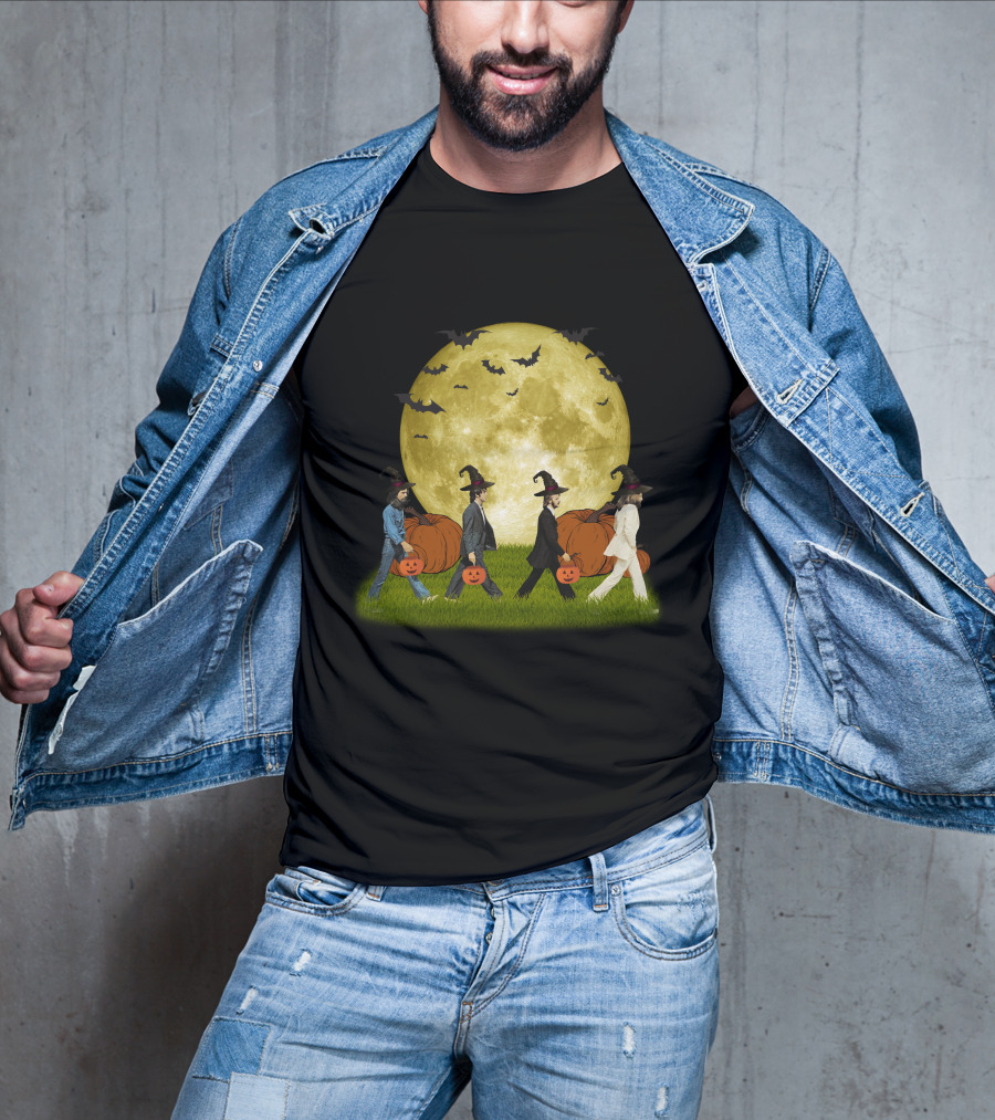 Abbey Road Halloween Crossing With Pumpkins And Witches Under Full Moon T-Shirt