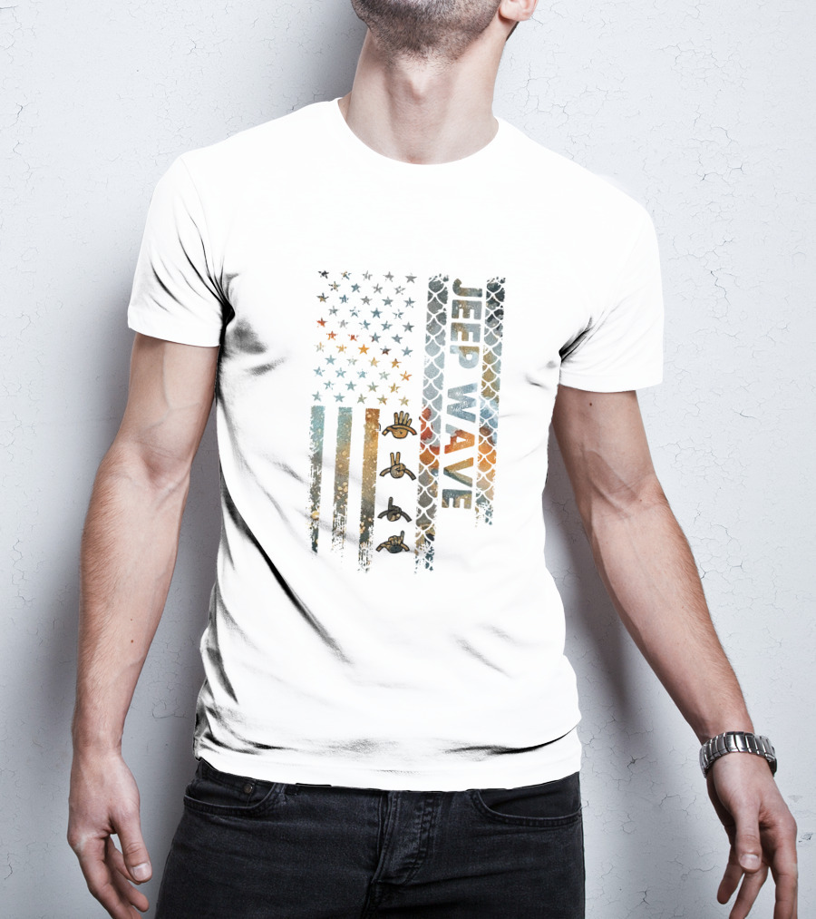 Jeep Wave American Flag Grunge Style With Hand Symbols T-Shirt