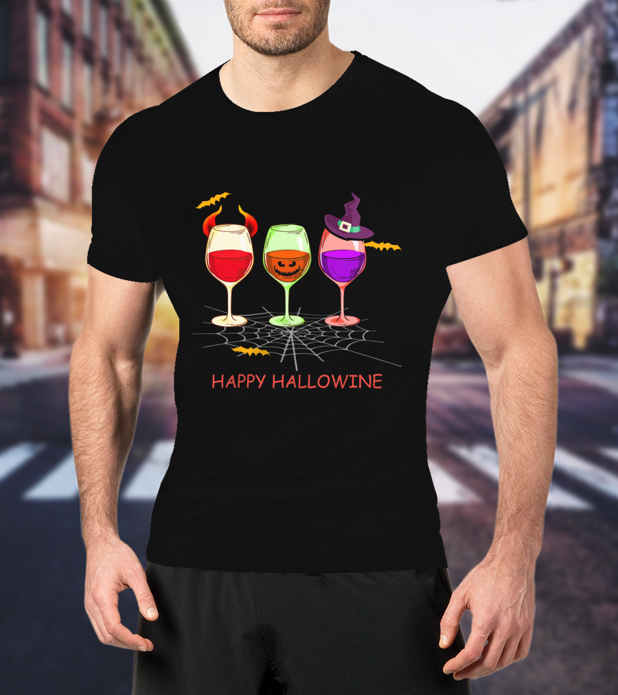Happy Hallowine Wine Glasses Halloween Witch Hat Jack O'Lantern T-Shirt