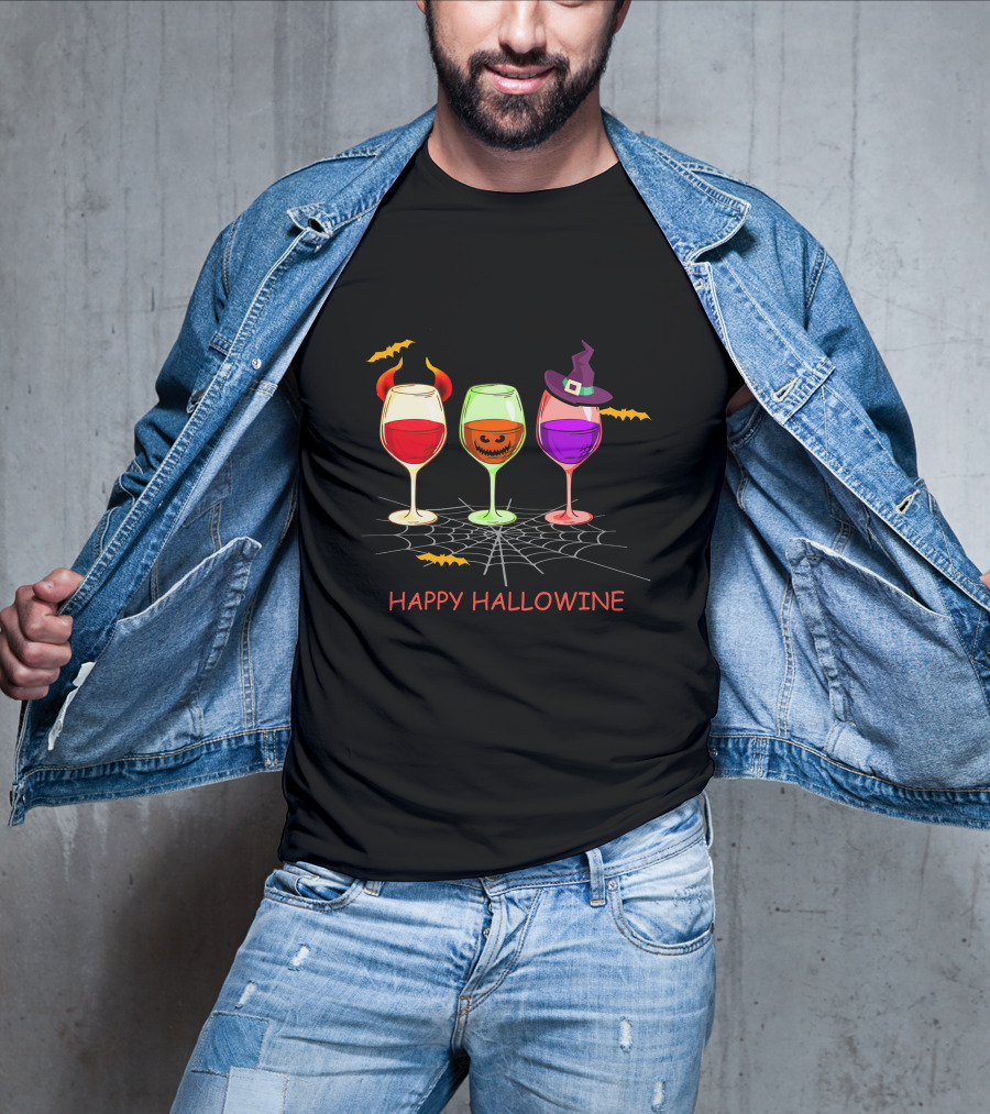Happy Hallowine Wine Glasses Halloween Witch Hat Jack O'Lantern T-Shirt