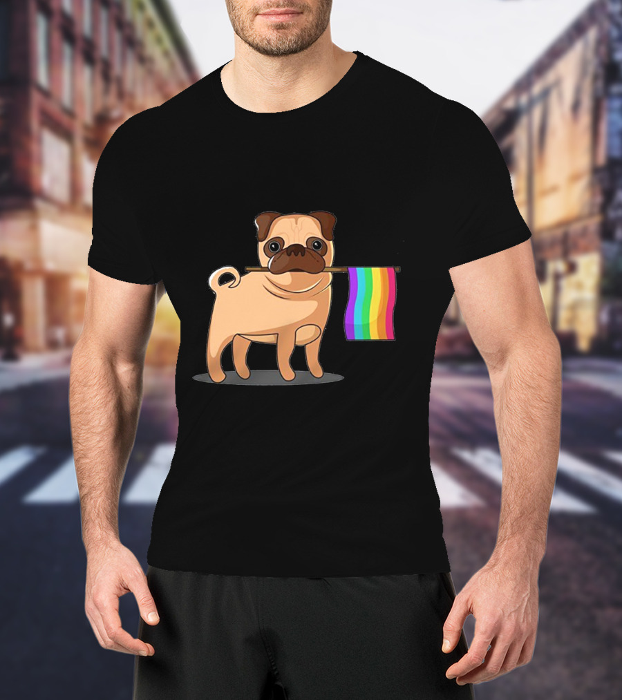 Pug Holding Rainbow Pride Flag T-Shirt