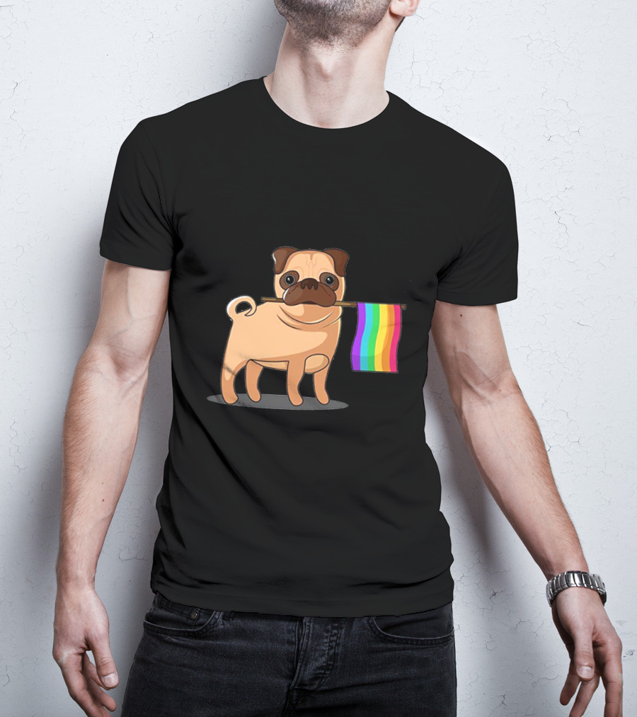 Pug Holding Rainbow Pride Flag T-Shirt