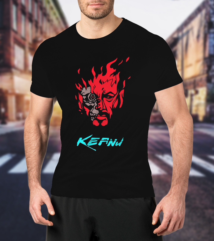 Keanu Cyberpunk Flame Skull Face T-Shirt