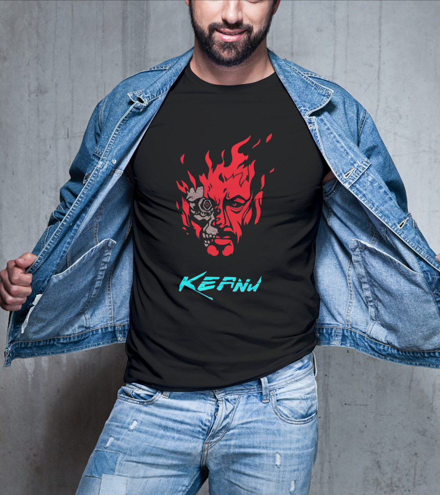 Keanu Cyberpunk Flame Skull Face T-Shirt