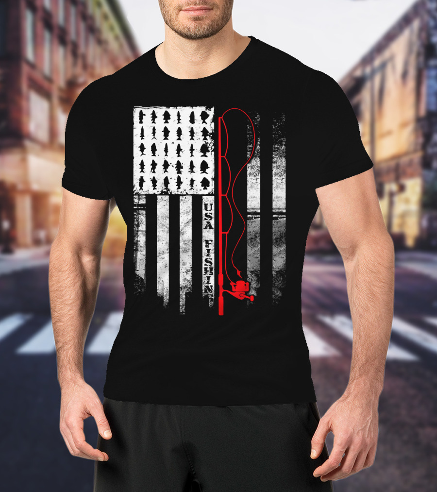 USA Fishing Flag Red Fishing Rod T-Shirt