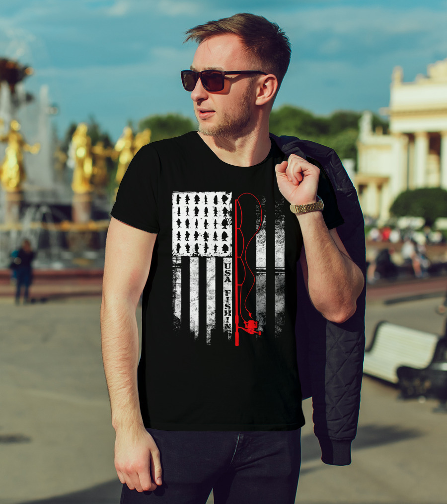 USA Fishing Flag Red Fishing Rod T-Shirt