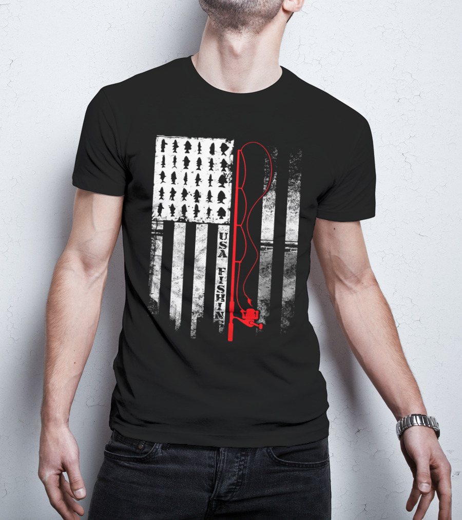 USA Fishing Flag Red Fishing Rod T-Shirt