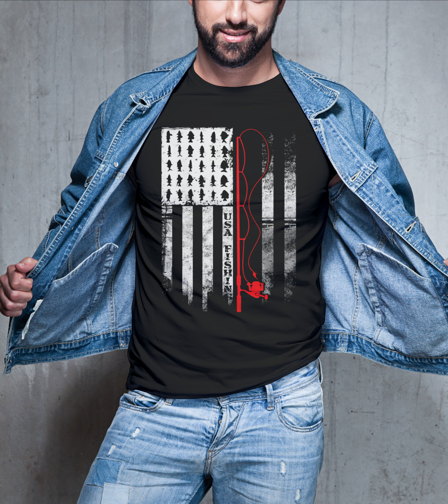 USA Fishing Flag Red Fishing Rod T-Shirt