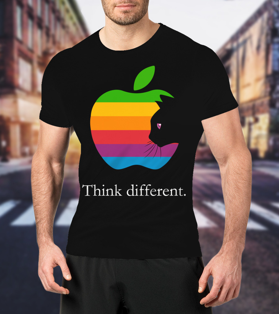 Think Different Apple Logo Rainbow Cat Face T-Shirt