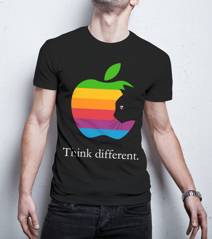 Think Different Apple Logo Rainbow Cat Face T-Shirt