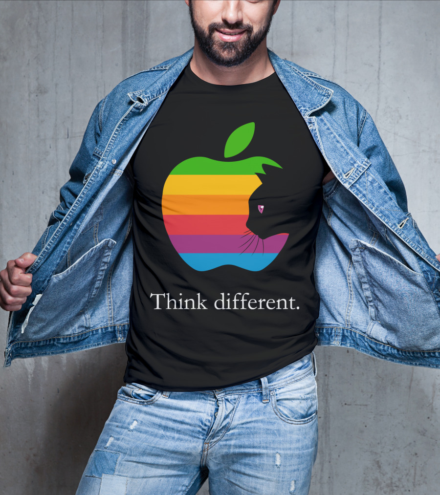 Think Different Apple Logo Rainbow Cat Face T-Shirt