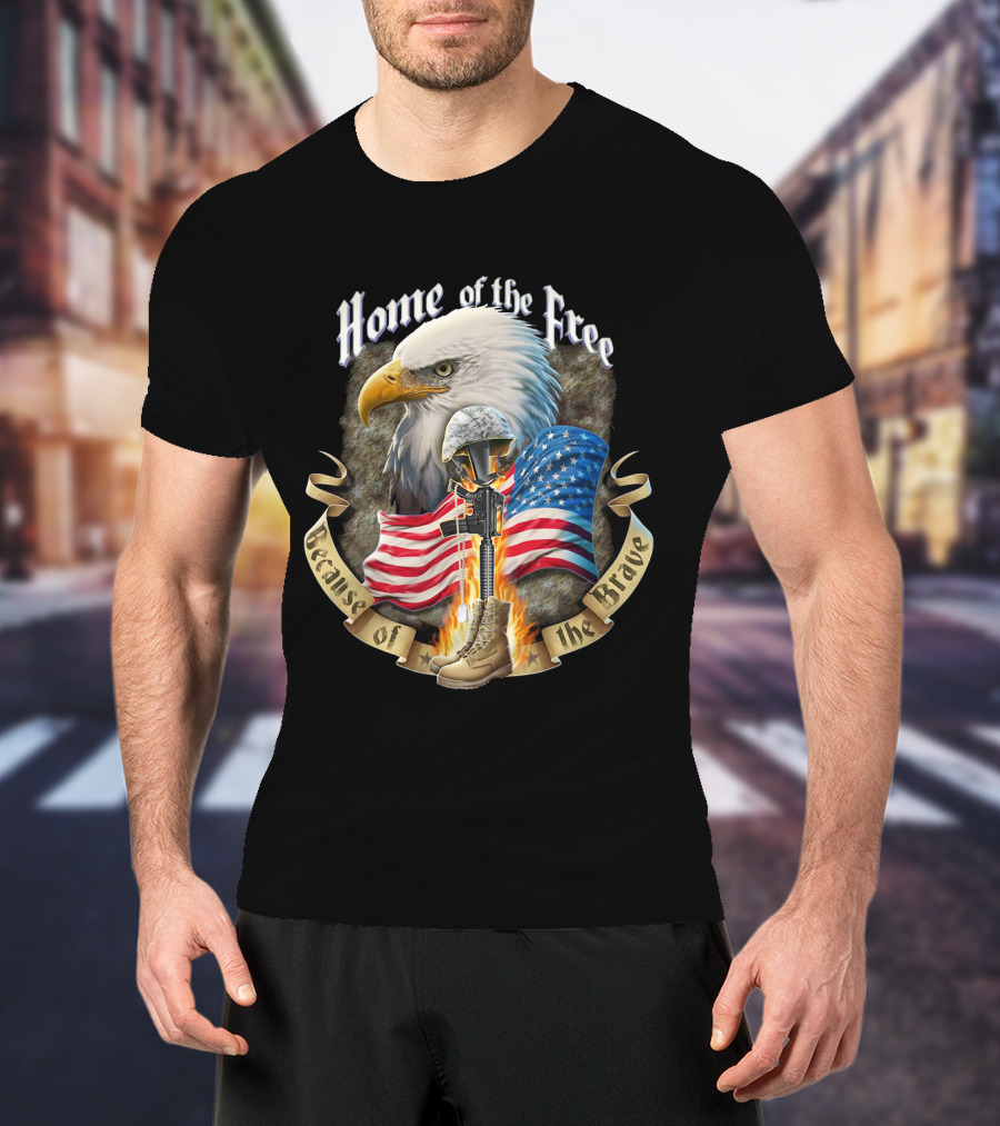 Home Of The Free Because Of The Brave American Eagle Soldier Helmet Flag T-Shirt