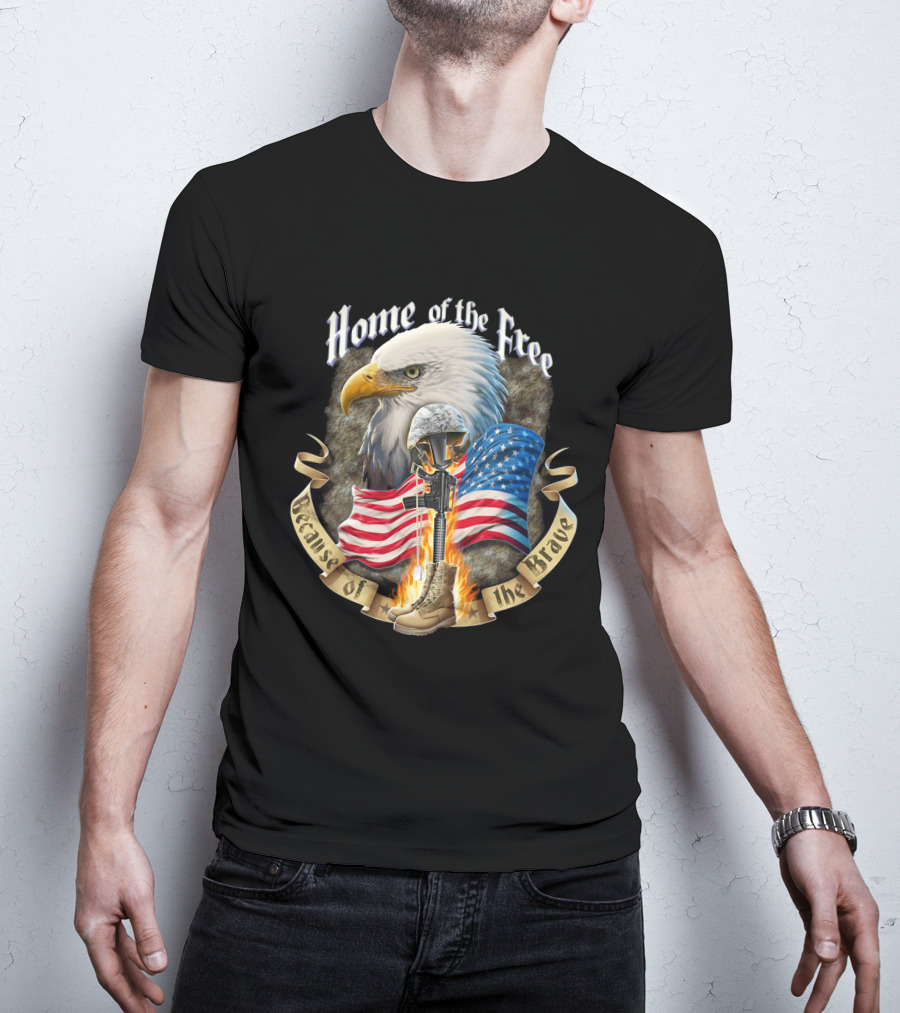 Home Of The Free Because Of The Brave American Eagle Soldier Helmet Flag T-Shirt