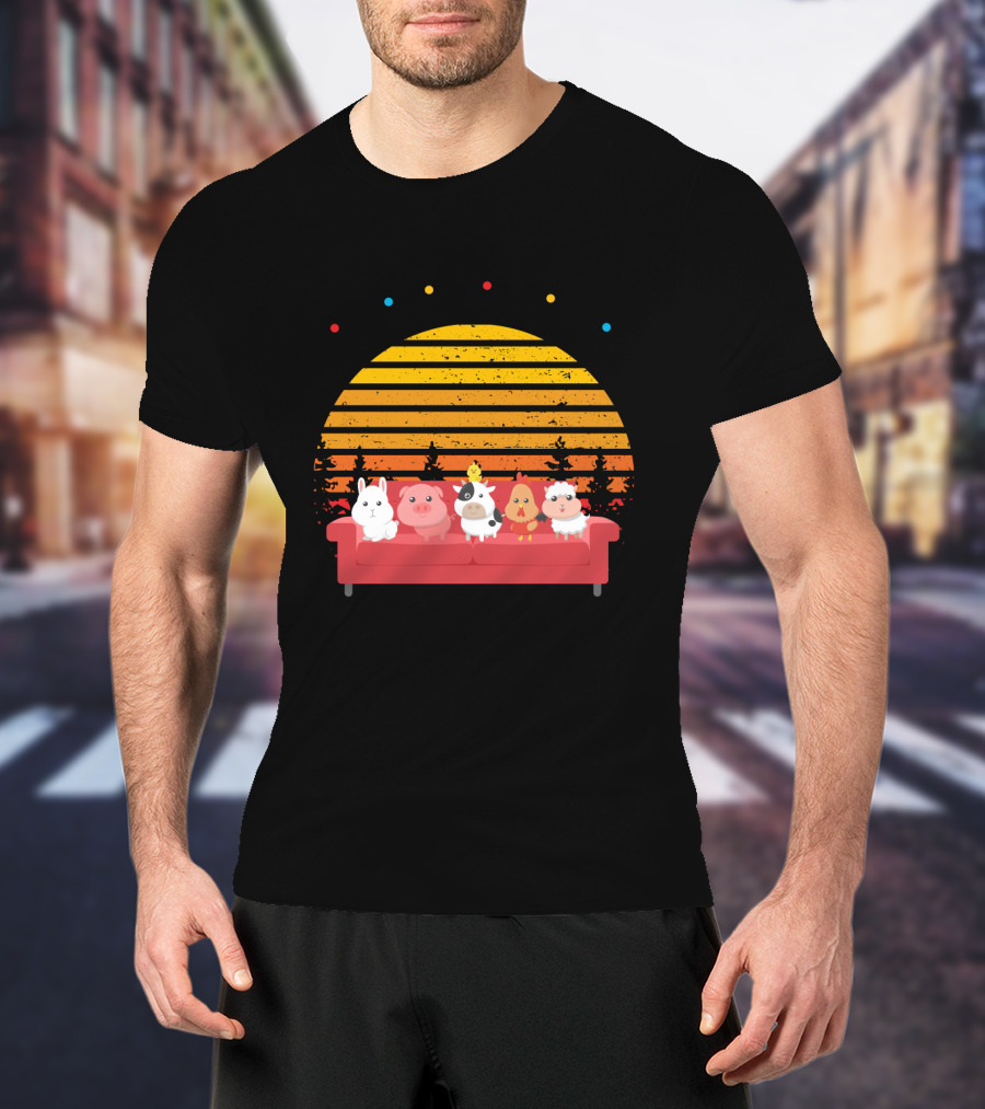 Friends Not Food Animal Characters On Red Couch With Sunset Background T-Shirt