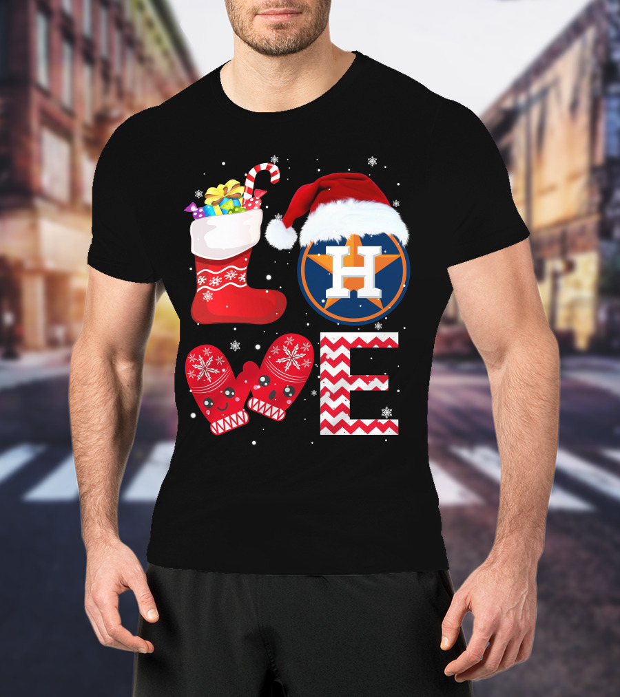 Christmas Love Houston Astros Snowflake Stocking Mittens Santa Hat T-Shirt