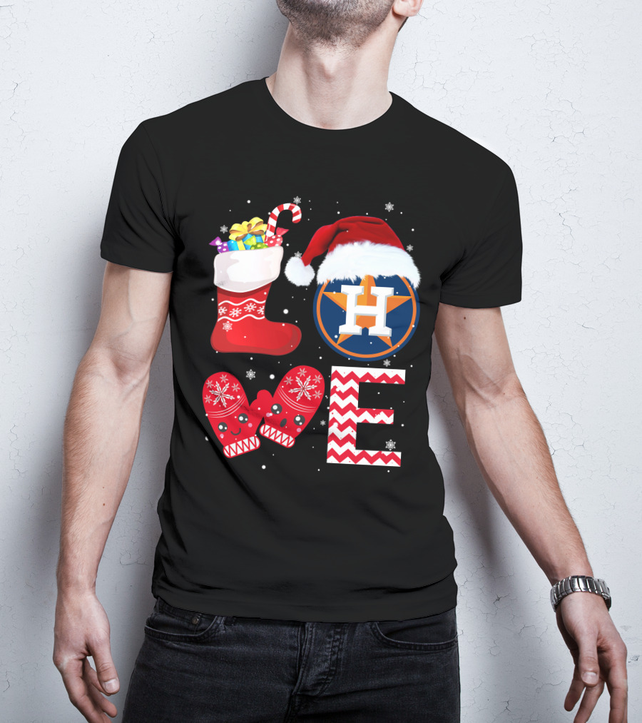 Christmas Love Houston Astros Snowflake Stocking Mittens Santa Hat T-Shirt