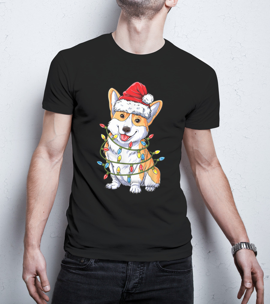 Corgi Dog Christmas Lights Ugly Sweater Santa Hat T-Shirt