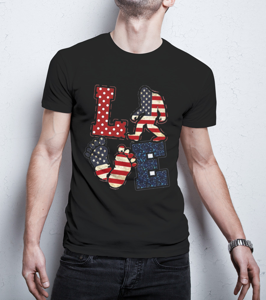 Patriotic Bigfoot Love American Flag T-Shirt