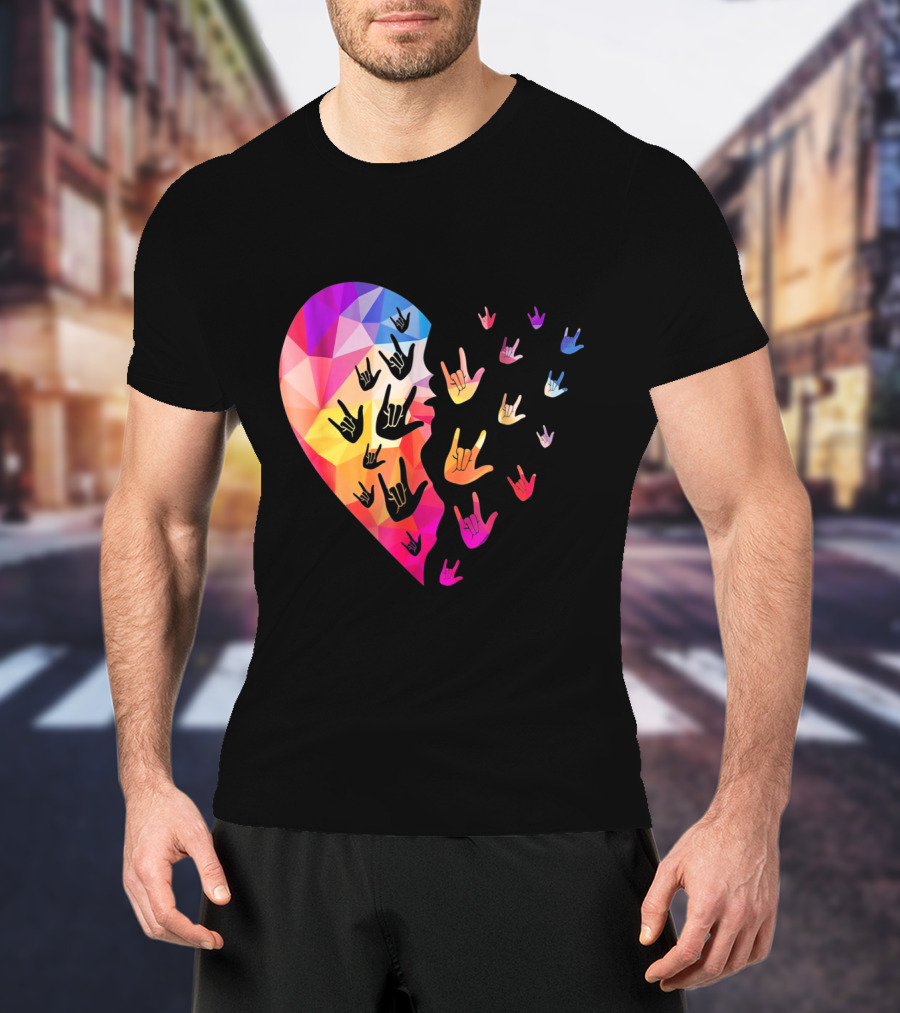 Broken Geometric Heart With Colorful Sign Language Hands T-Shirt