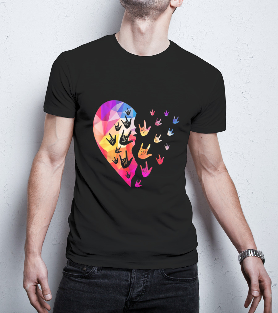 Broken Geometric Heart With Colorful Sign Language Hands T-Shirt