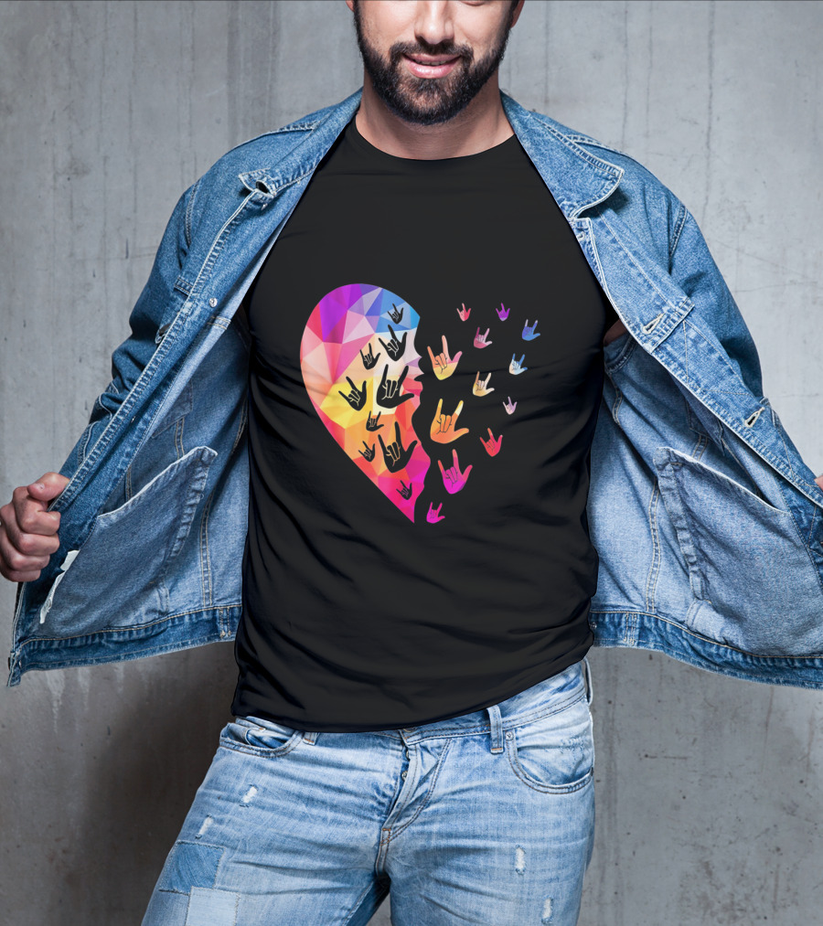 Broken Geometric Heart With Colorful Sign Language Hands T-Shirt