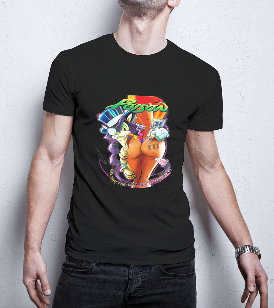 Poison Cartoon Cat Holding Tattoo Gun Text 'Look What The Cat Dragged In' T-Shirt