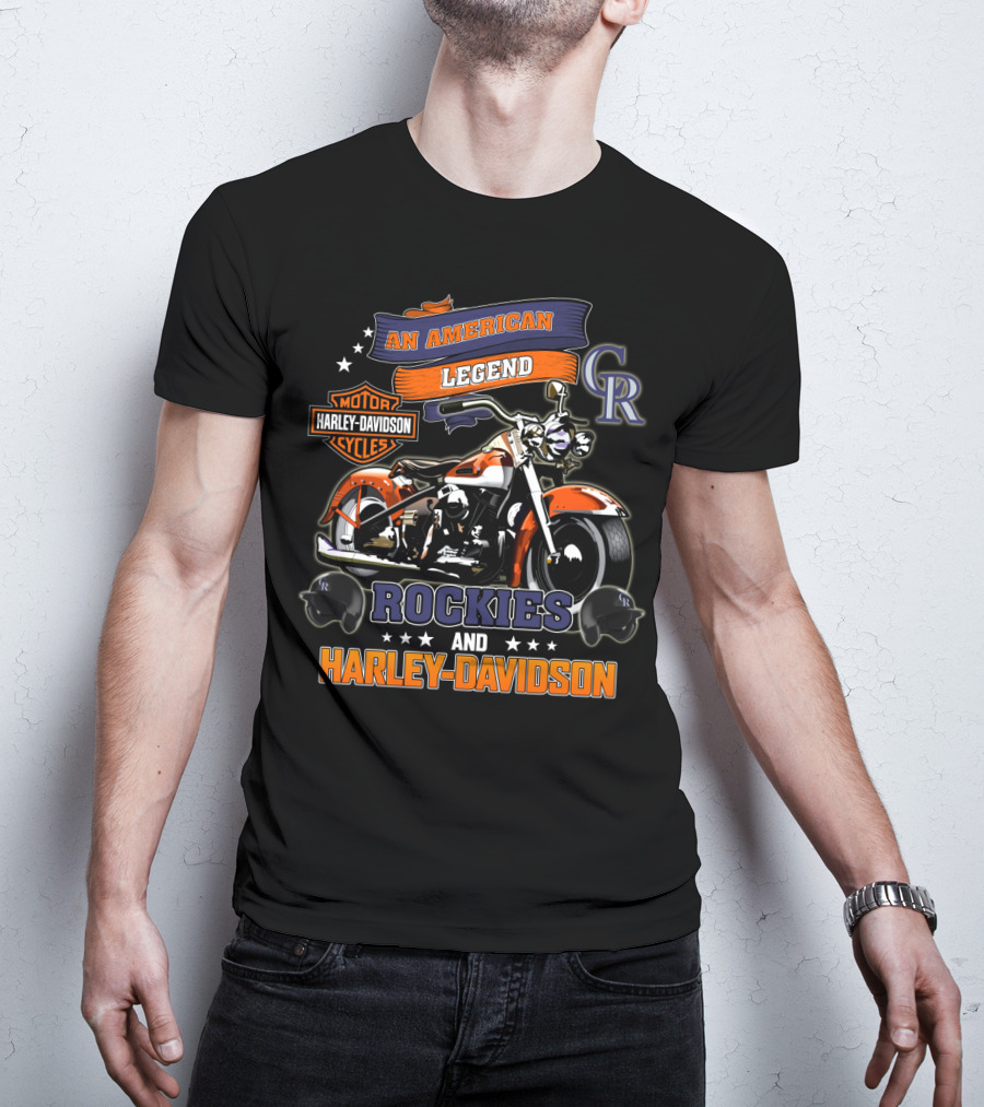 An American Legend Rockies And Harley Davidson Motor Cycles T-Shirt