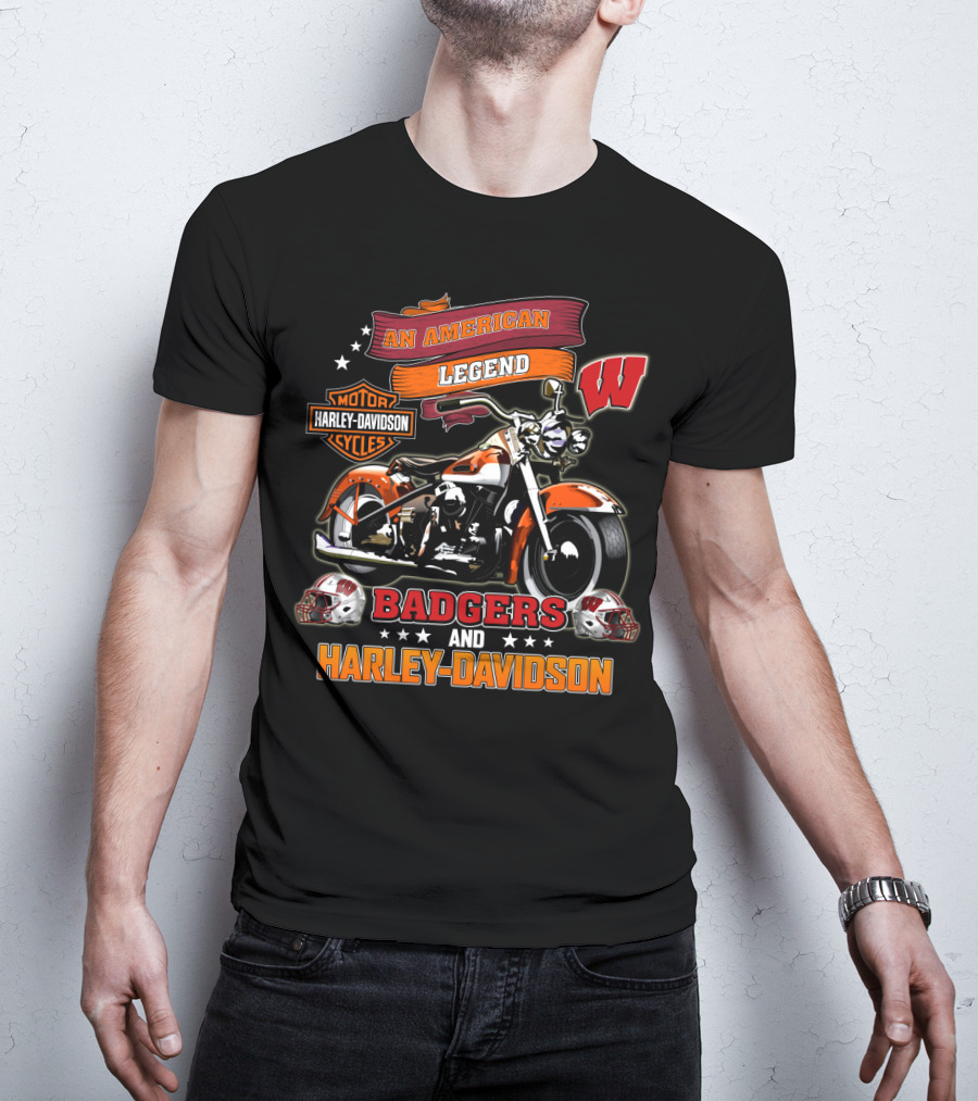 An American Legend Badgers Harley Davidson Motor Cycles W Logo Helmet T-Shirt