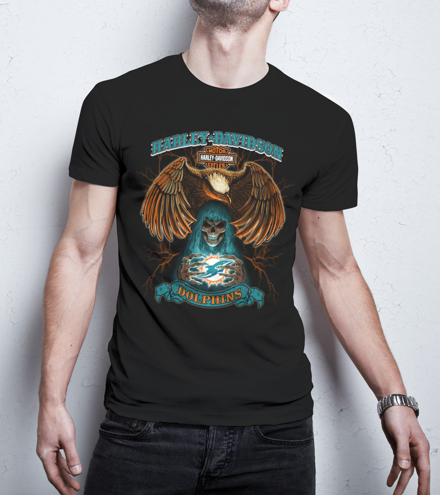 Harley Davidson Miami Dolphins Nfl Skull And Eagle Theme T-Shirt