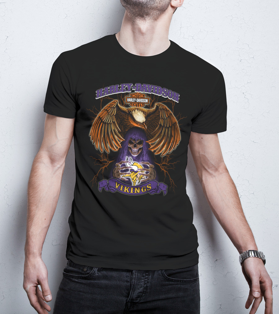 Harley Davidson Motorcycles Minnesota Vikings Eagles Skeleton T-Shirt