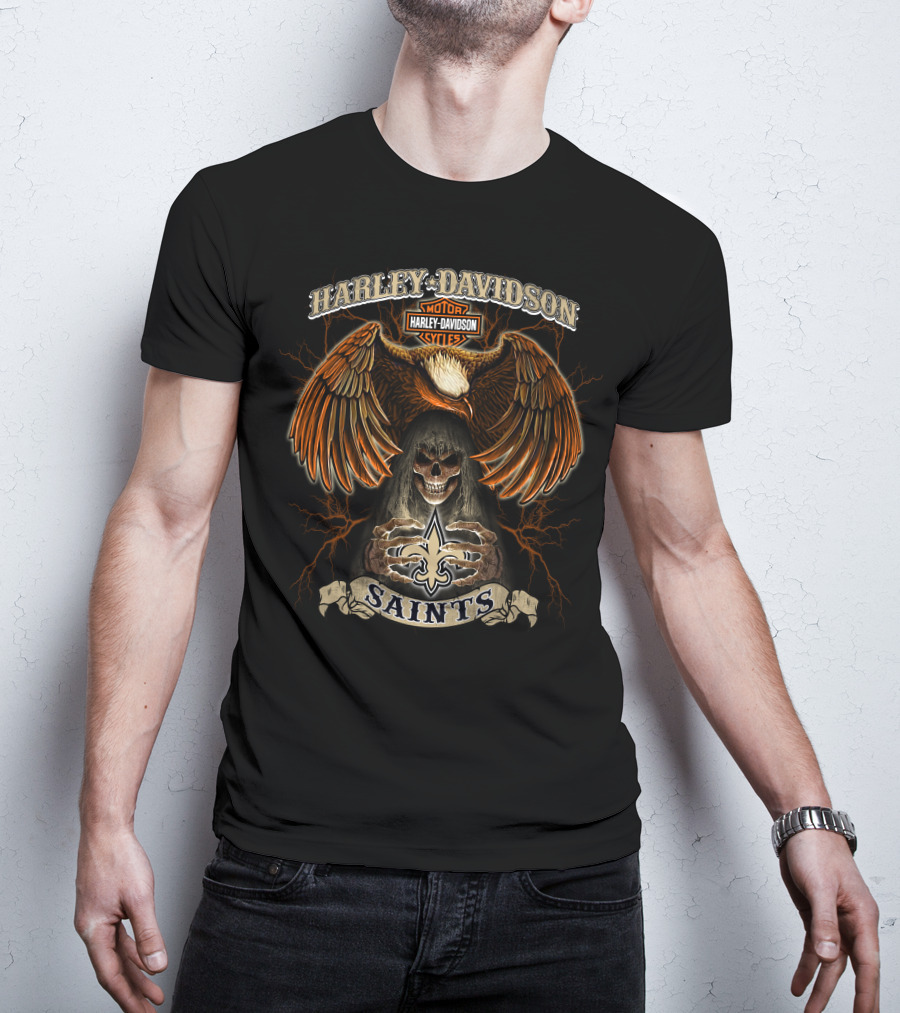 Harley Davidson Motorcycles Eagle Skull Saints Fleur-De-Lis T-Shirt