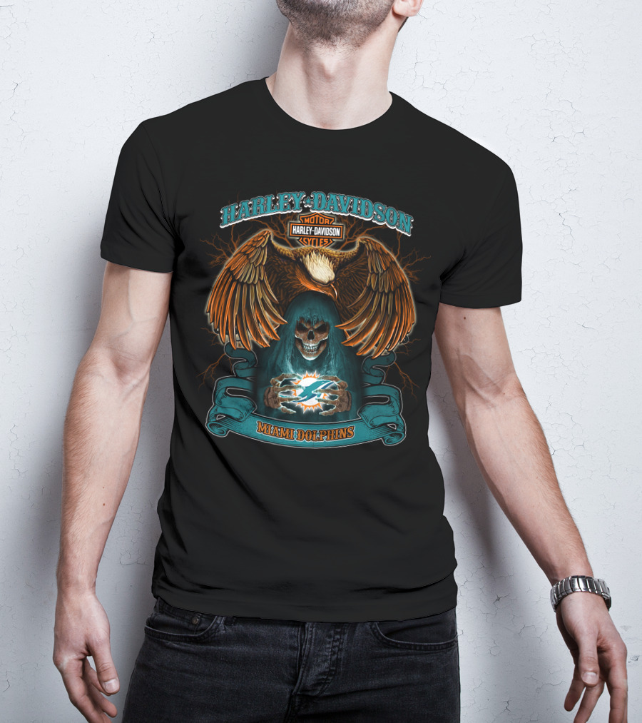 Harley Davidson Motorcycles Miami Dolphins Eagle Skull T-Shirt