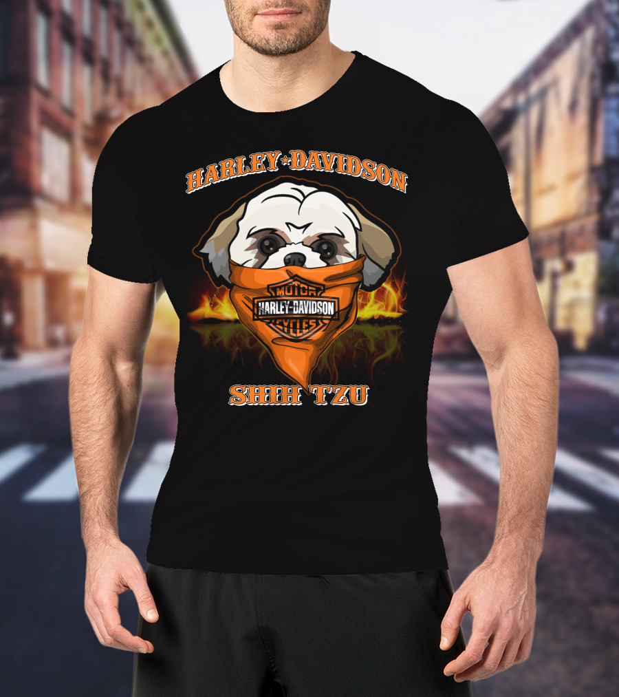 Harley Davidson Shih Tzu Motorcycle Bandana Flames T-Shirt