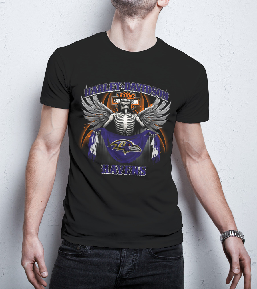Harley Davidson Skeleton Wings Baltimore Ravens T-Shirt
