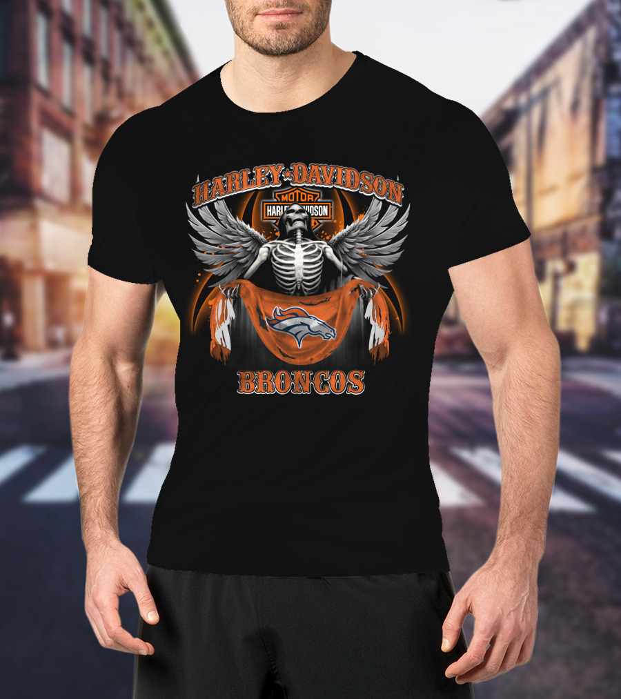 Harley Davidson Denver Broncos Motorcycle Skeleton Wings T-Shirt