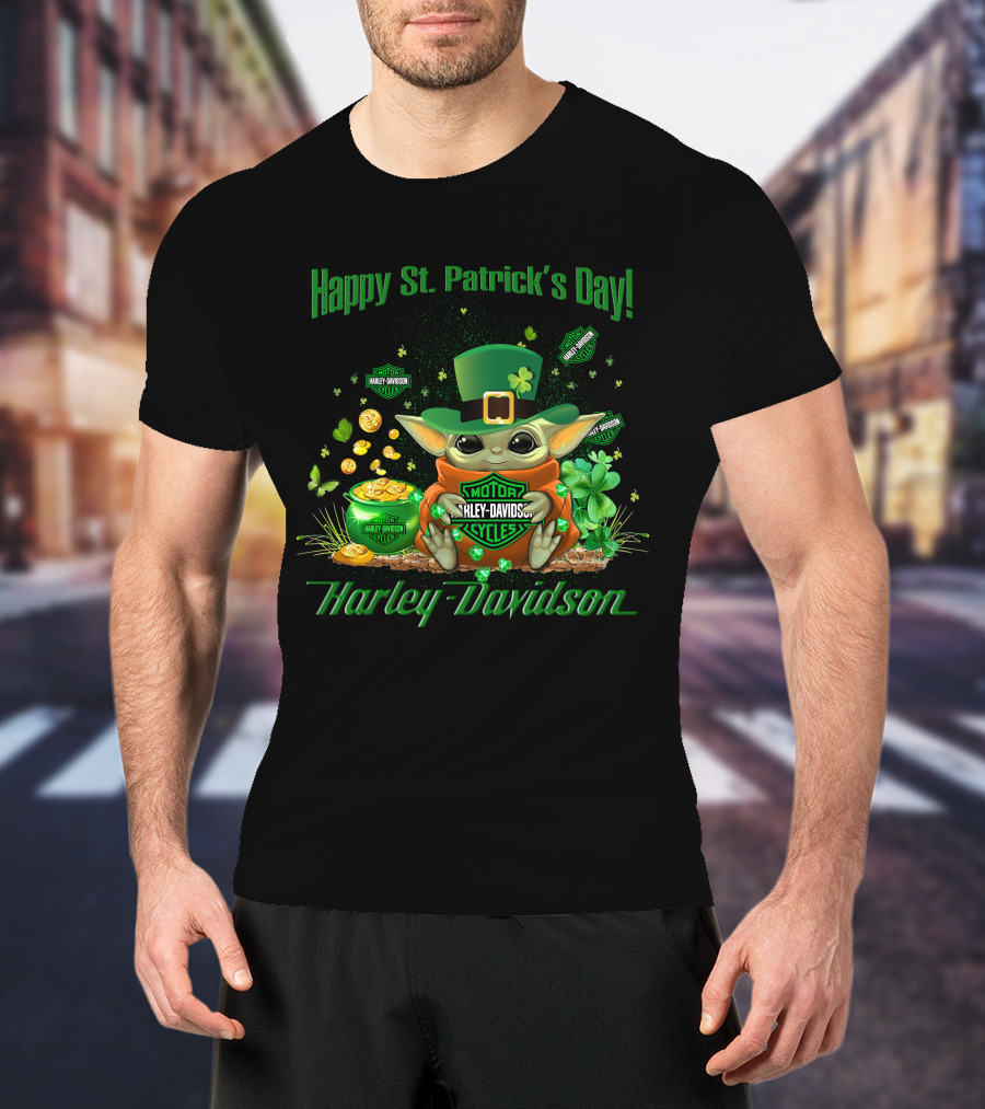 Happy St. Patrick's Day Baby Yoda Harley Davidson T-Shirt