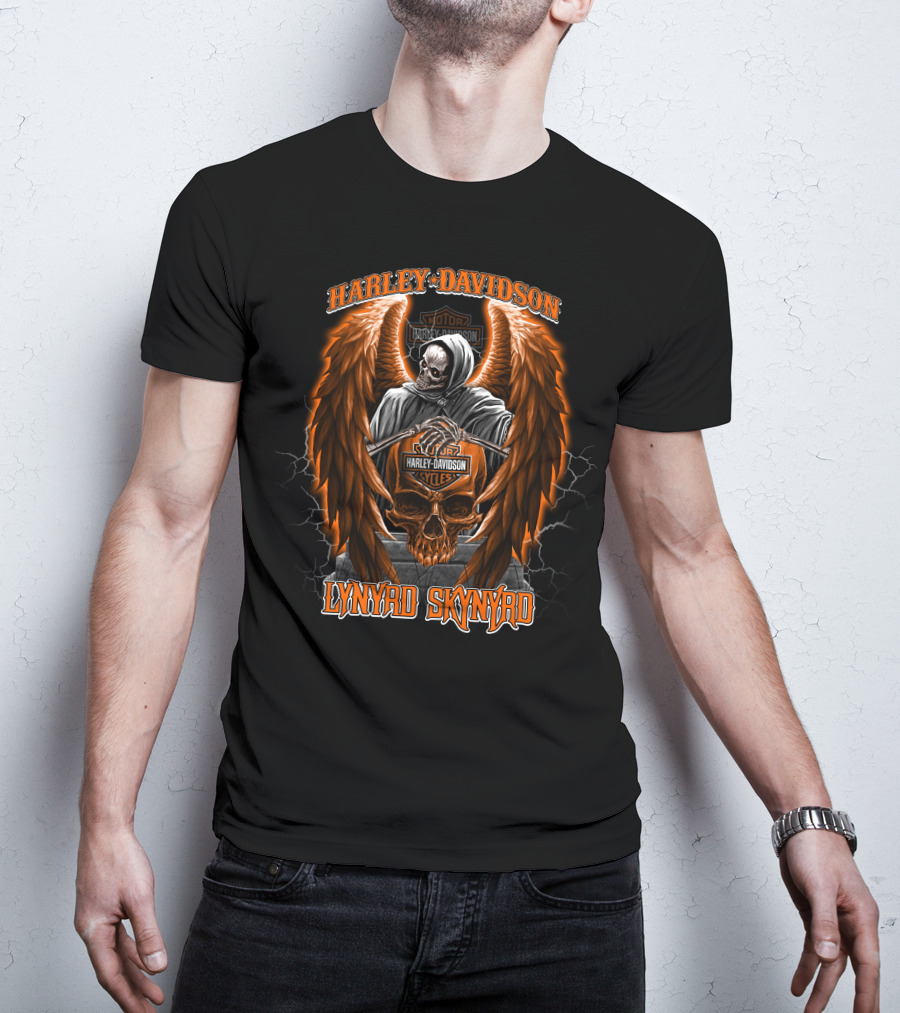 Lynyrd Skynyrd Harley Davidson Skull With Wings And Grim Reaper T-Shirt