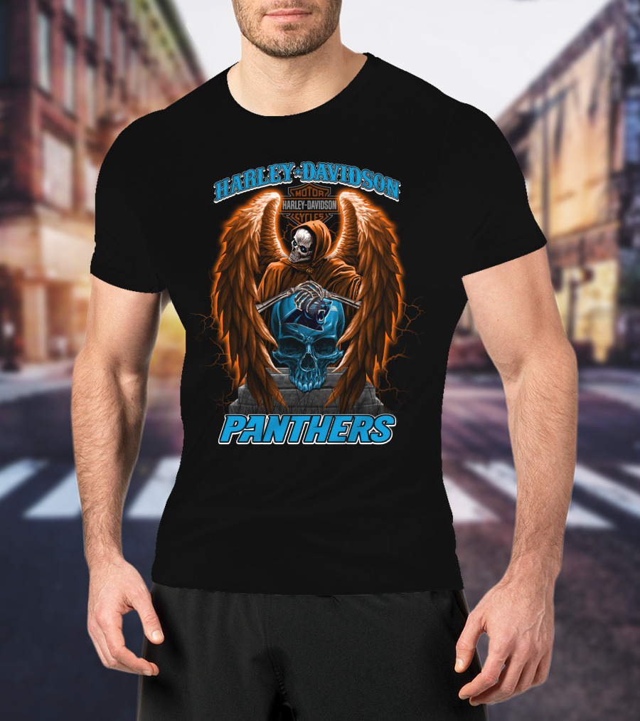 Harley Davidson Motor Cycles Panthers Winged Skeleton Skull T-Shirt