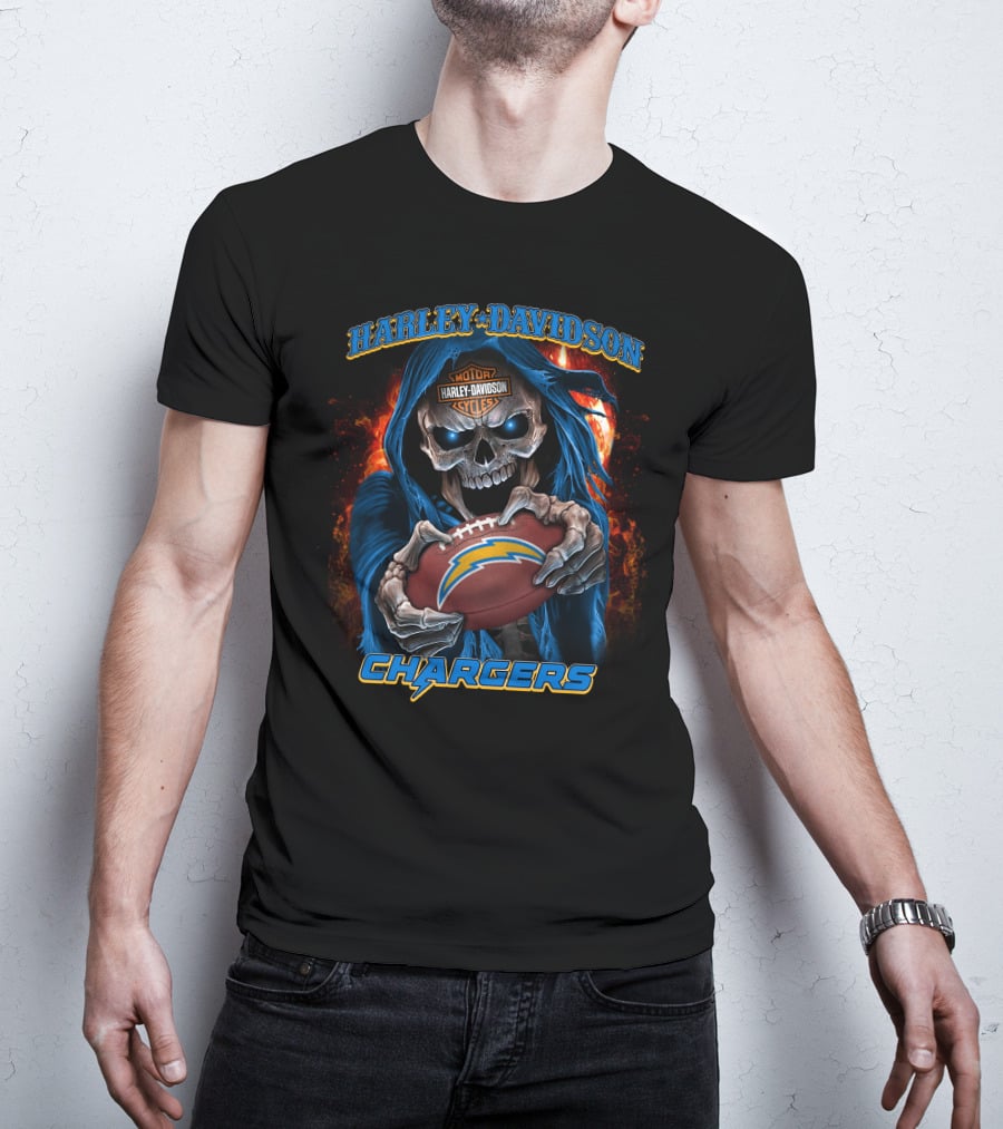 Harley Davidson Los Angeles Chargers Skull Holding Football T-Shirt