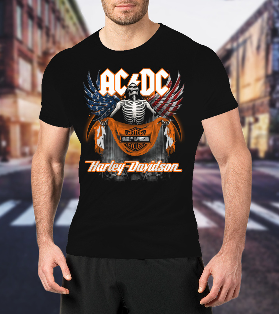 Acdc Harley Davidson Skeleton With American Flag Wings T-Shirt