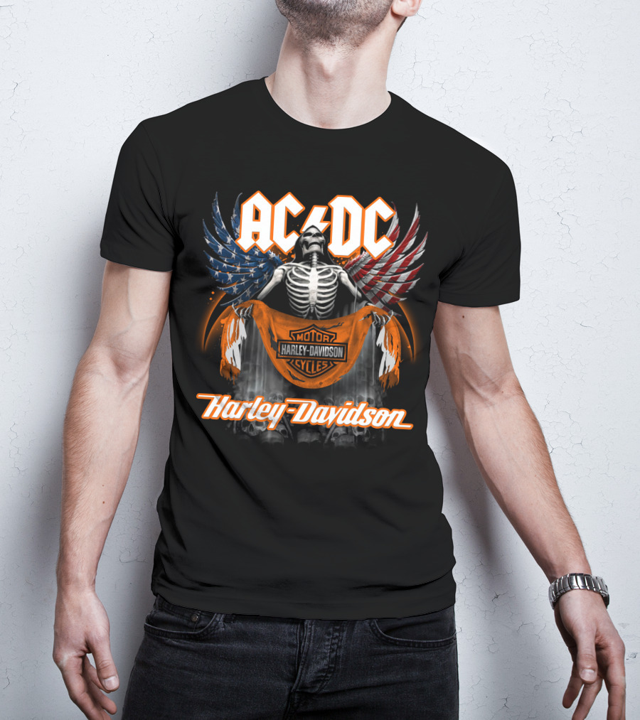 Acdc Harley Davidson Skeleton With American Flag Wings T-Shirt