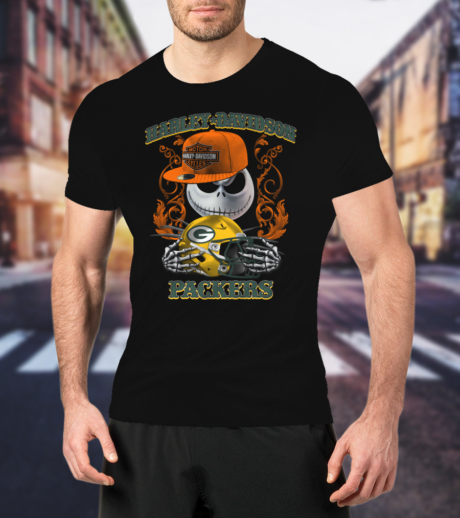 Harley Davidson Jack Skellington Packers Nfl Motorcycles T-Shirt
