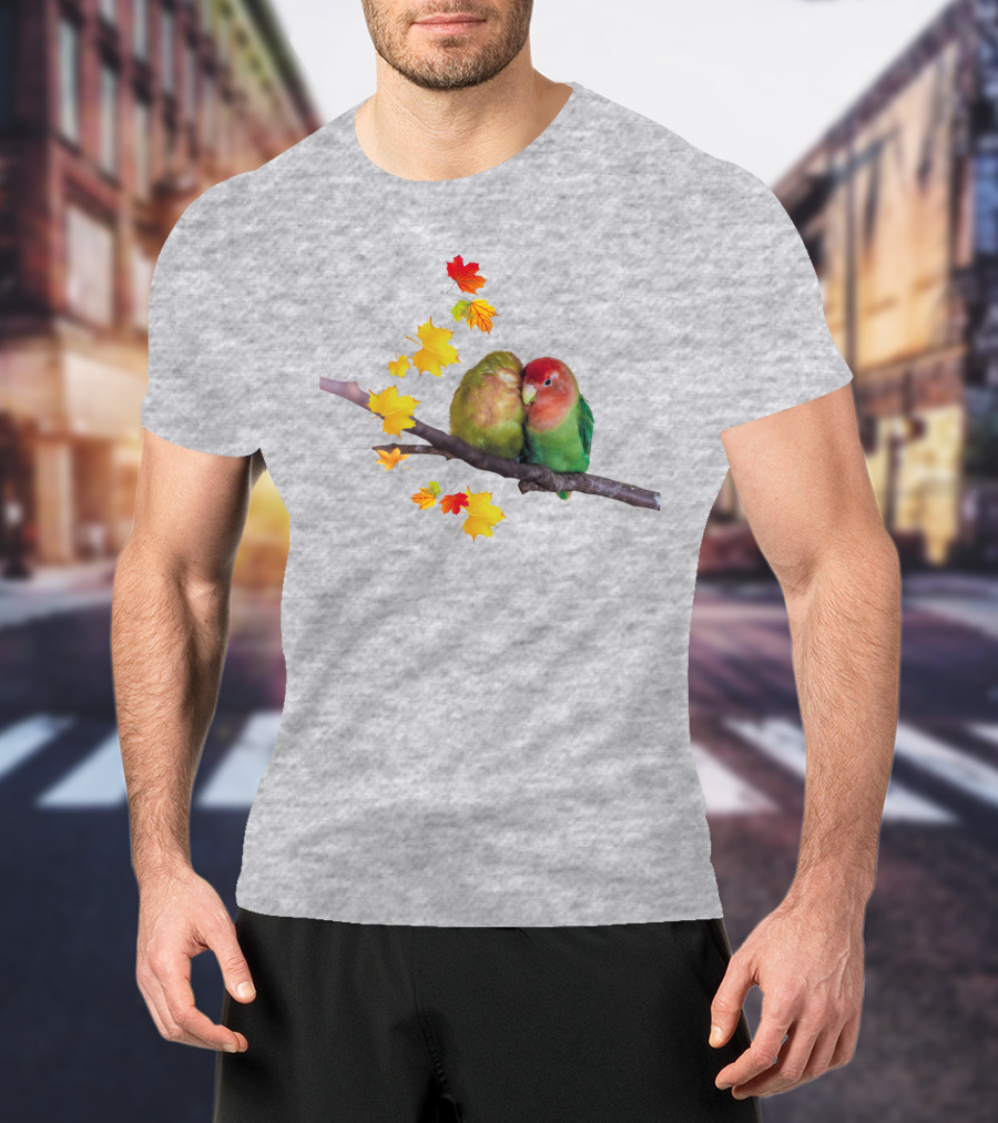 Lovebirds With Autumn Leaves On Branch T-Shirt