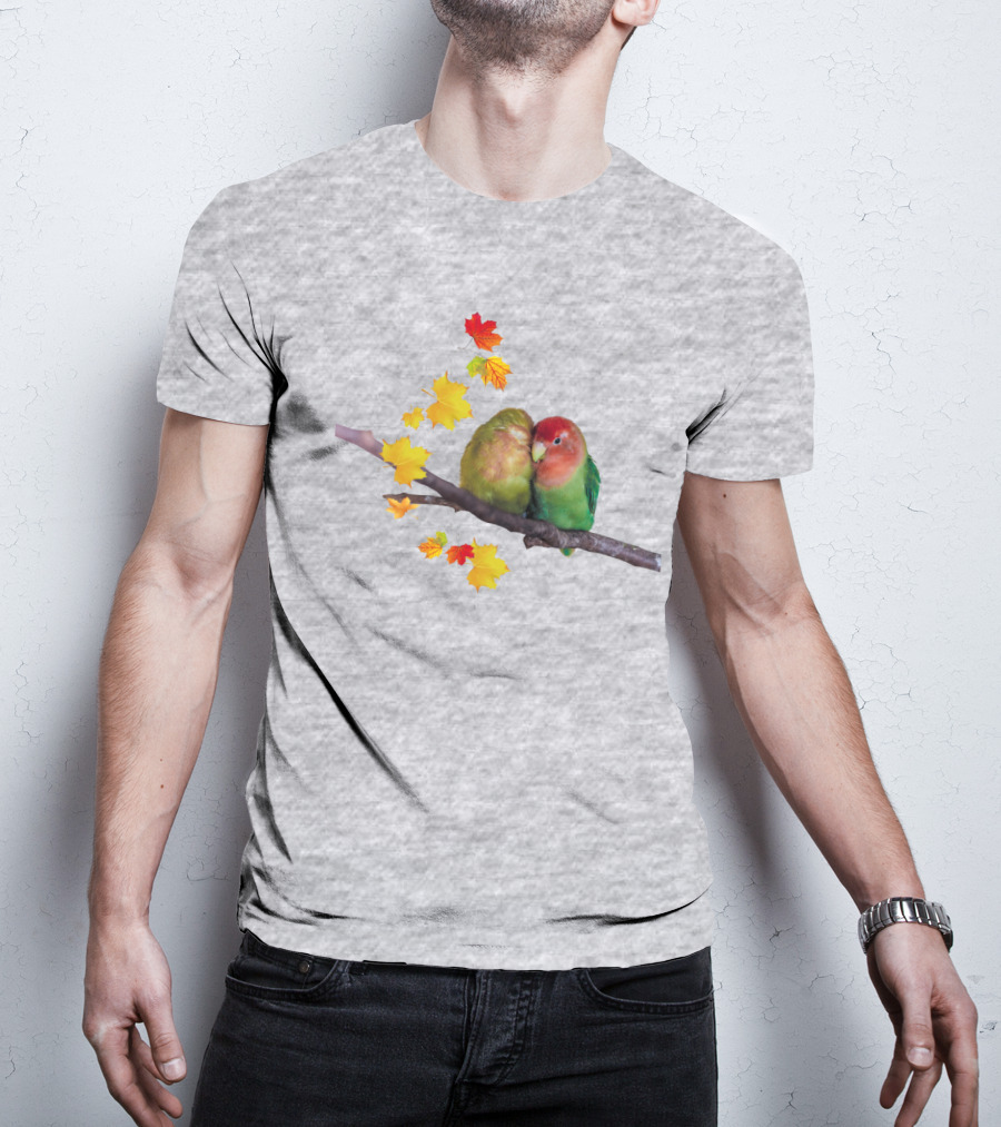 Lovebirds With Autumn Leaves On Branch T-Shirt