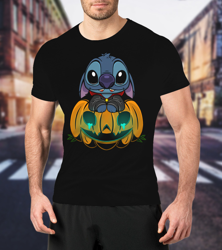 Cute Halloween Stitch With Glowing Pumpkin T-Shirt