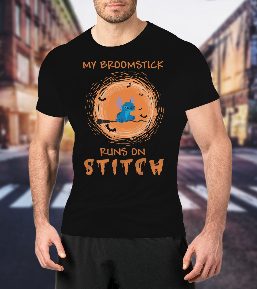 My Broomstick Runs On Stitch Halloween Bats Moon T-Shirt
