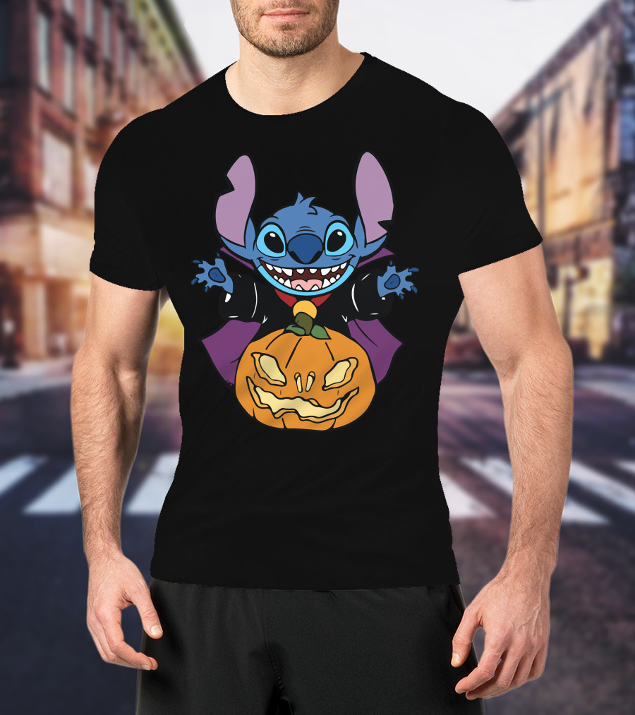 Cute Halloween Vampire Stitch Hugging Pumpkin T-Shirt
